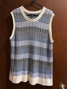 I.N. Studio Blue & White Chevron Wave Crochet Knit Tank Top Swim Cover Up Sz 2X